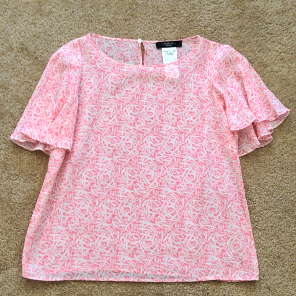 Weekend Max Mara Silk Caccia Shirt Blouse, pink, white, size 10